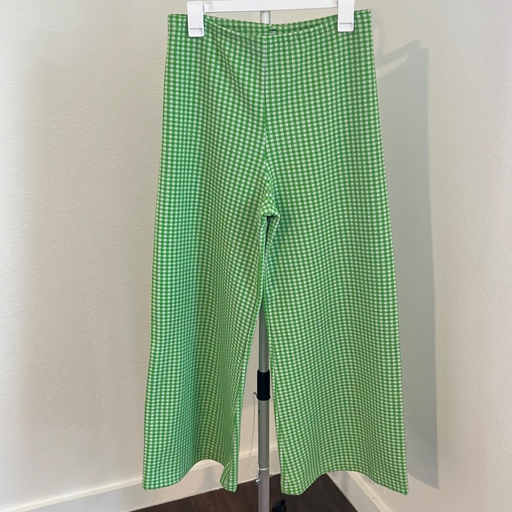 Green checkered houndstooth wide leg